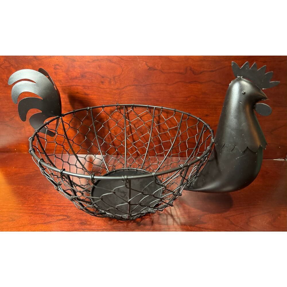 Farmhouse Rooster Wire Egg Basket 14" Tall Black Heavy Duty Multi Purpose
